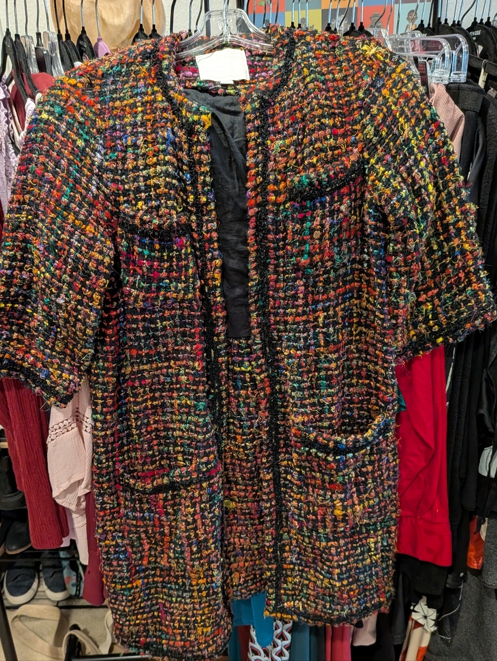 ett:twa Anthropologie Multicolor Bouclé Tweed Coat with Black Trim